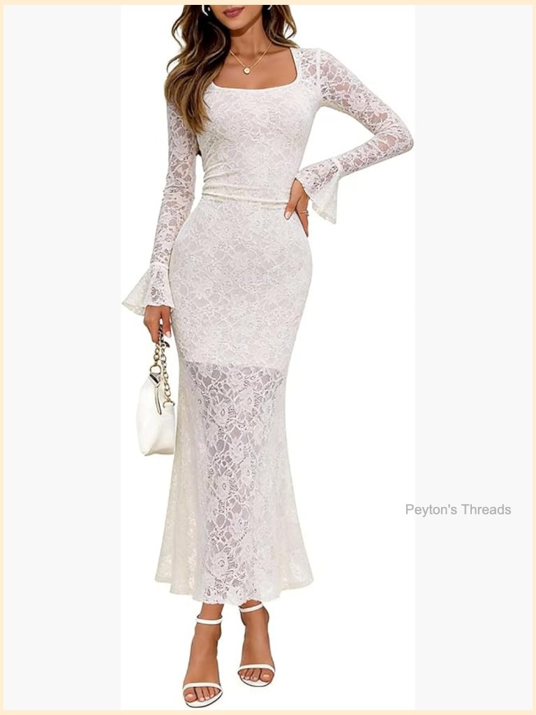 Elegant Bell Long Sleeve Lace Maxi Dress Square Neck Bodycon Wedding Guest